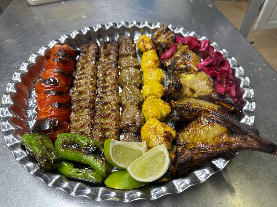 mixed Koobideh and jujeh kebab served at Shiraz Persian Restaurant in Bolton